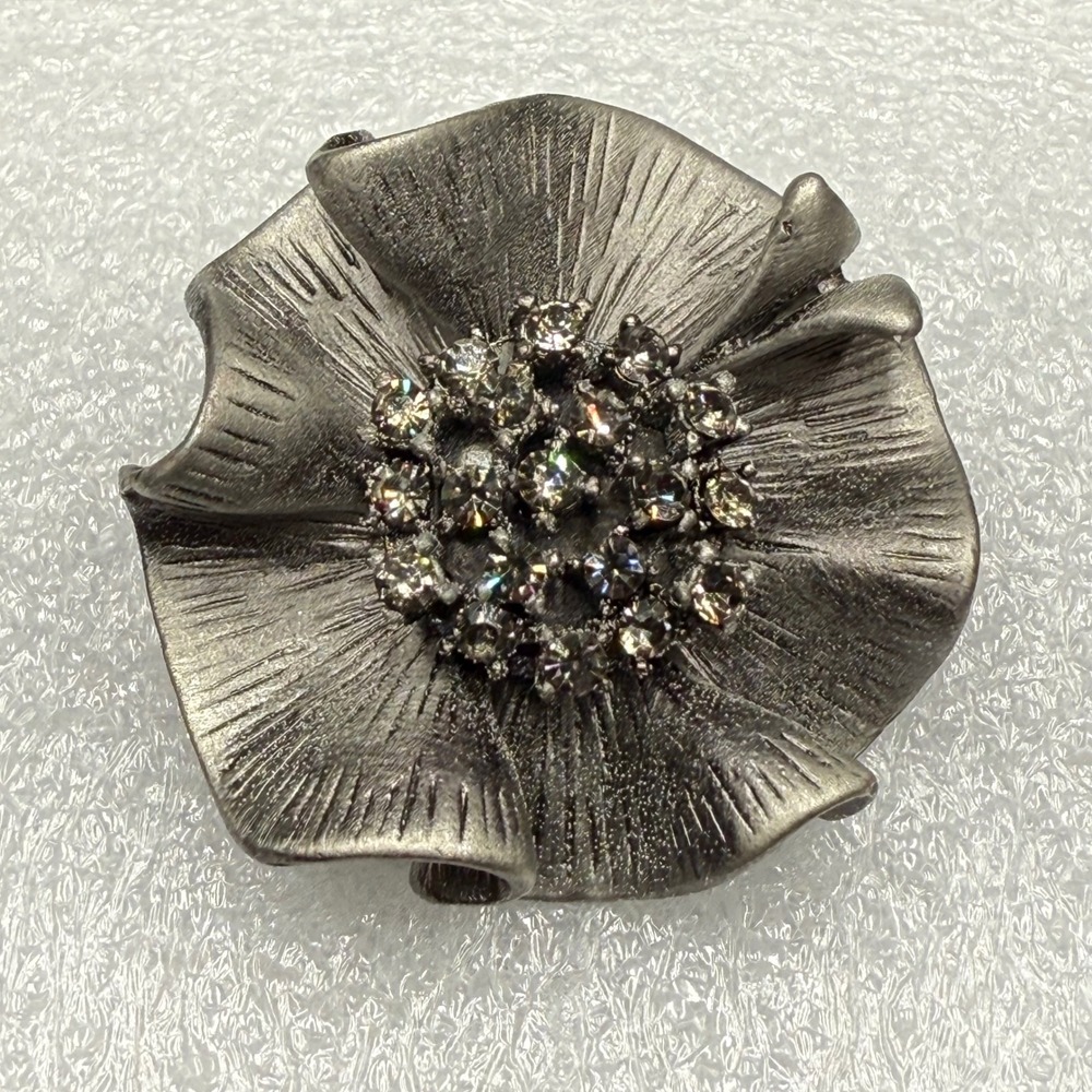 Premier Designs Camille Flower Brooch Pin Pendant Enhancer Smoky Rhinestone Vtg‎